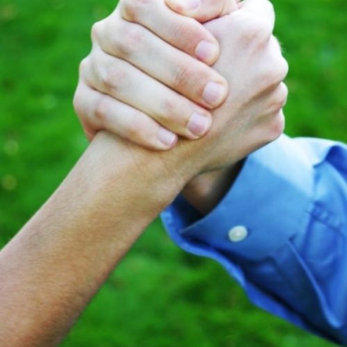 close up of two hands clasping with green grass in background